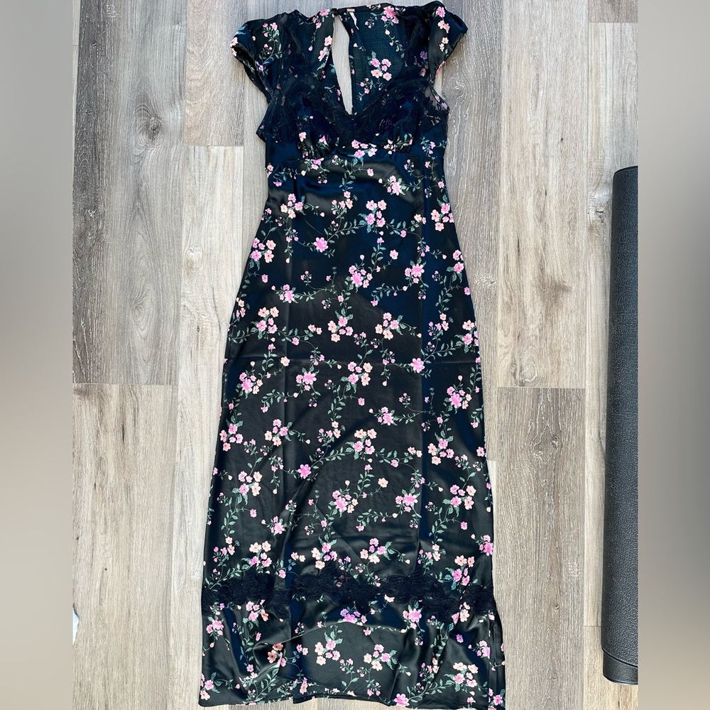 Free People Black Maxi Dress with Pink Floral Print